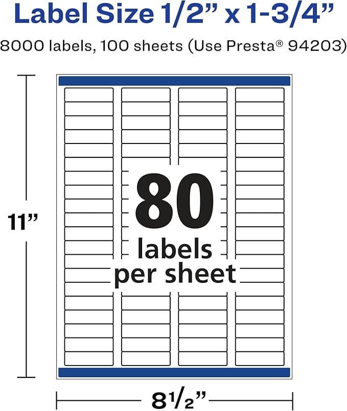 Avery Durable Waterproof Rectangle Labels, Sure Feed Technology, 0.5" x 1.75", 8,000 Total, Oil and Tear-Resistant, Waterproof, Laser/Pigment-Based Inkjet Printable