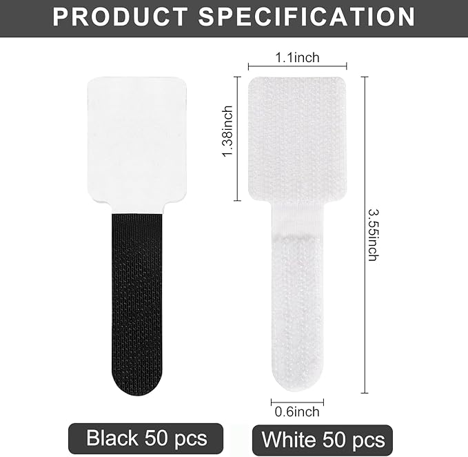 100-Pack Reusable Self-Adhesive Cable Ties cable management Adjustable Hook & Loop Straps for Organizing Data Cables, Wires, Headphones Under-Table Cord Management for Home, Office
