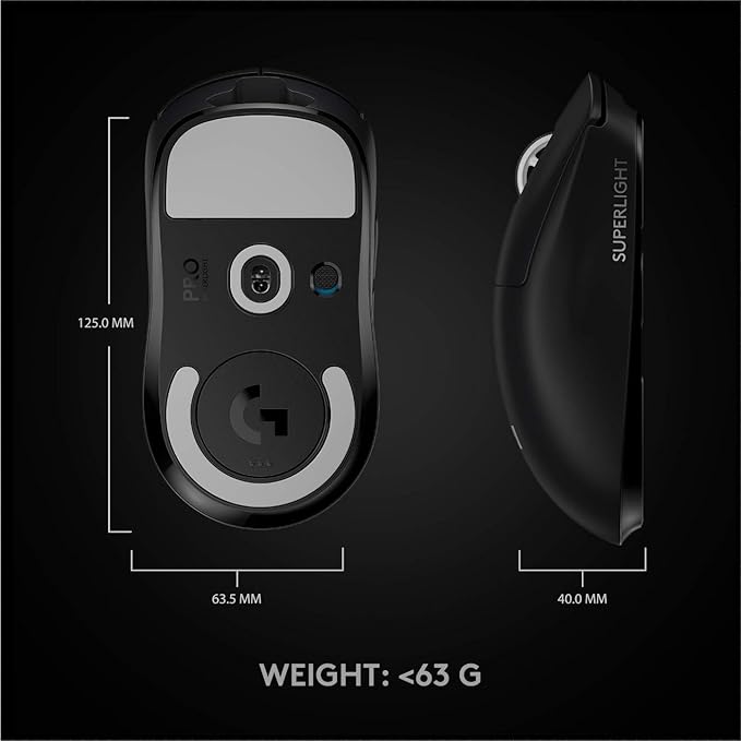 Logitech G PRO X Superlight Wireless Gaming Mouse, Ultra-Lightweight, Hero 25K Sensor, 25,600 DPI, 5 Programmable Buttons, Long Battery Life, Compatible with PC/Mac - Black