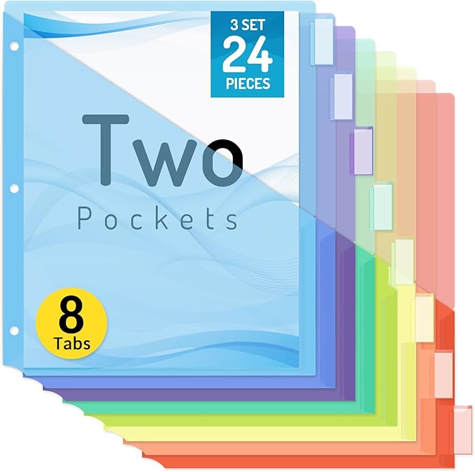 Forvencer 8 Count Dividers with Two Pockets, 8 tabs Binder Dividers for 3 Ring Binder Organizer, Multicolor, 3 Sets