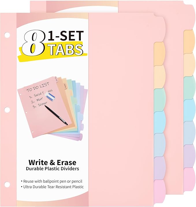 JARLINK 8 Tabs Dividers for 3 Ring Binder, Durable Plastic Write & Erase Binder Dividers for Letter Size, Cute Binder Dividers for Student, Teacher, Office, Home Organizers, Pastel Color (2 Sets)