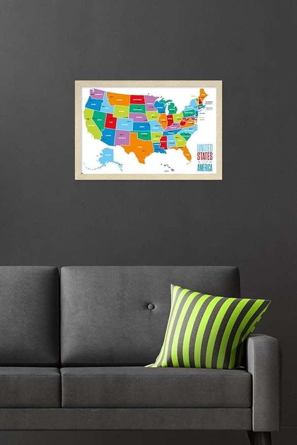 Trends International Map - United States Of America 2022 Wall Poster, 22.4L x 14.7W, Blonde Framed Version