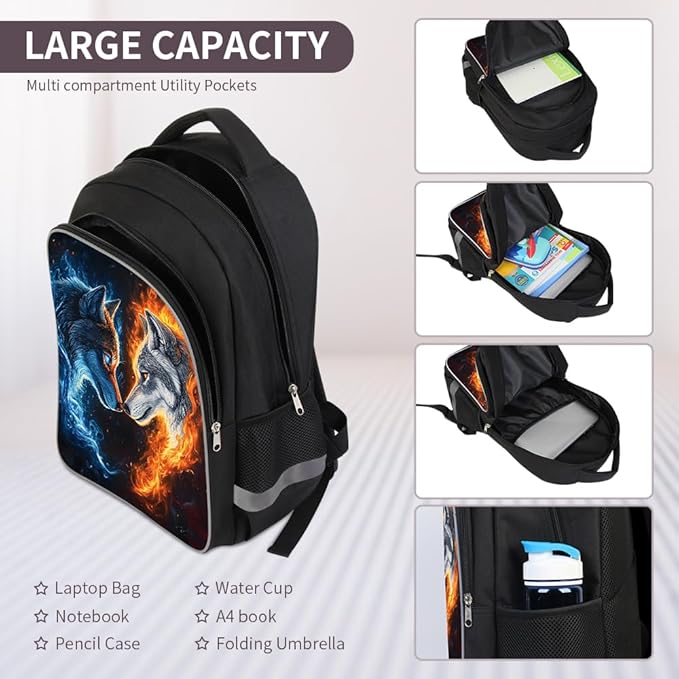 Kids Backpack for Boys Girls - 3pcs 17″ Boys Backpack with Lunch Box Set for Toddle Elementary Middle School - Students Bag for Ages 6-18 Wolf Bookbag Travel Back Pack