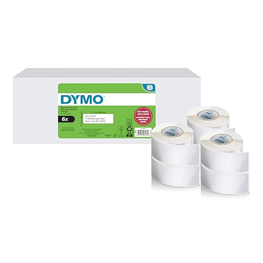 DYMO®-Branded LabelWriter Mailing Address Labels for LabelWriter Label Printers, White, 1-1/8" x 3-1/2", 6 Rolls of 350 (2100 Total)