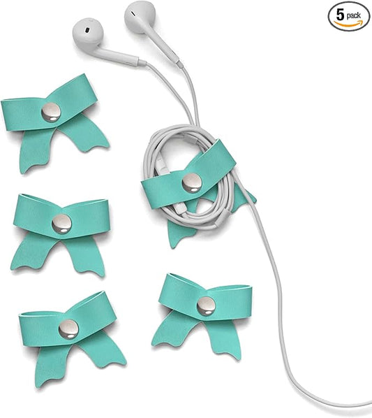 SenseAGE 5 Pack Cord Organizer, Bow Cord Keeper, Cable Organizer USB Holder, Leather Cable Management, Cable Straps, Earphone Winder, Storage Straps for Electronics, Earbuds, Small, Mint