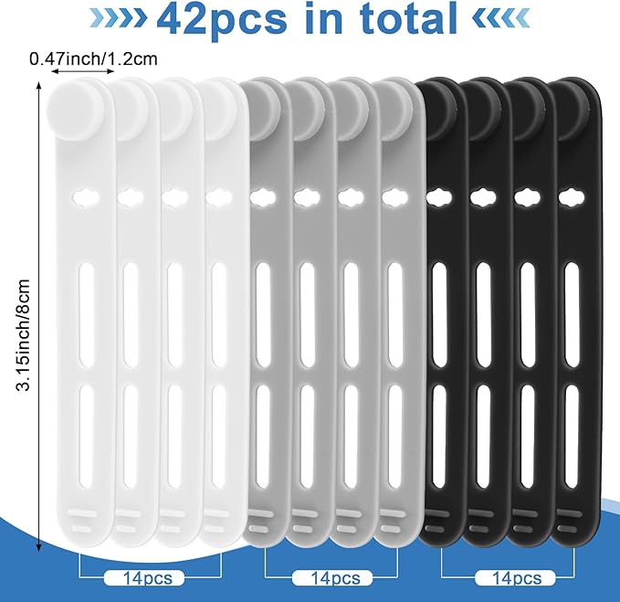 42 Pcs Silicone Cable Ties Reusable Cord Straps Multipurpose Elastic Cable Organizer for Bundling Fastening Earphone Phone Charger Home Office School (Black, White, Gray,3.15 Inch)