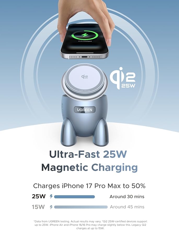 UGREEN UNO 25W Rocket Magnetic Wireless Charger, 2-in-1 Magsafe Fast Charging Station with Fun LED Lights and Magnetic Lid, Compatible with iPhone 17/16/15/14/13 Series, AirPods 4/3/2/Pro
