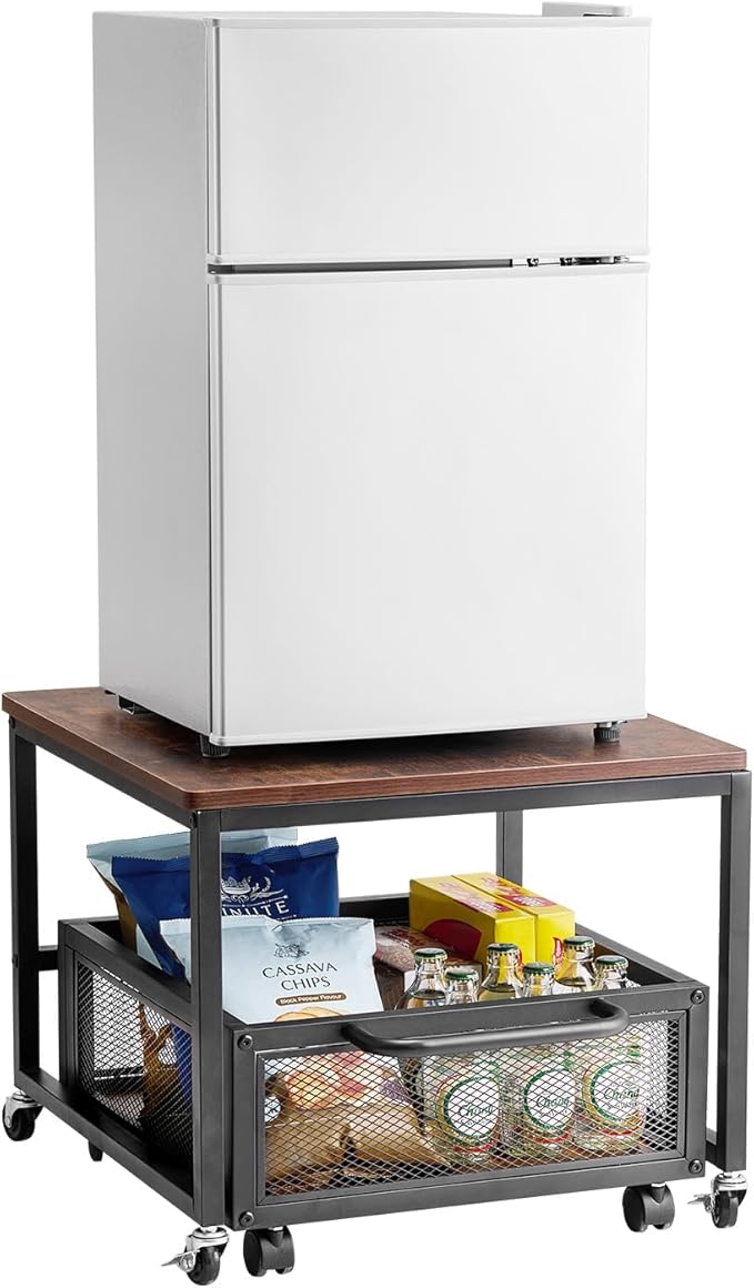 VEVOR Mini Fridge Stand with Storage, 198 lbs Mini Fridge Table with Movable Storage Cart & Swivel Wheels, Beverage Refrigerator Stand for Coffee Bar, Mini Fridge Organizer for Home Dorm, Dark Brown