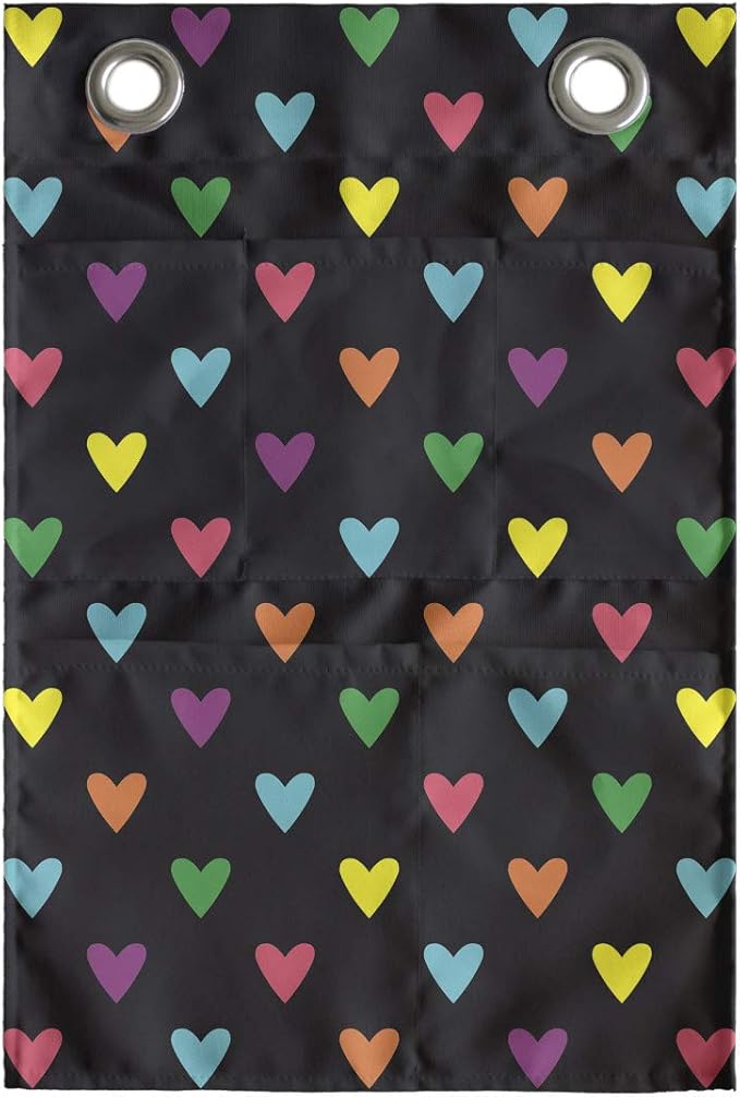 Ambesonne Romantic Hanging Pocket Organizer, Repeating Pattern of Love Themed Design Colorful Funny Mini Hearts, Printed Polyester Storage Bag with Pockets, 14" x 20", Dark Grey and Multicolor