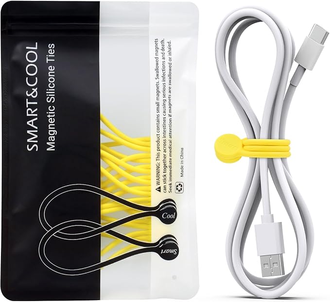 SMART&COOL Reusable Silicone Magnetic Cable Ties for Bundling and Organizing, Holding Stuff, Book Markers, Fridge Magnets, Assorted Color, 7.16'' (10-Pack, Yellow)