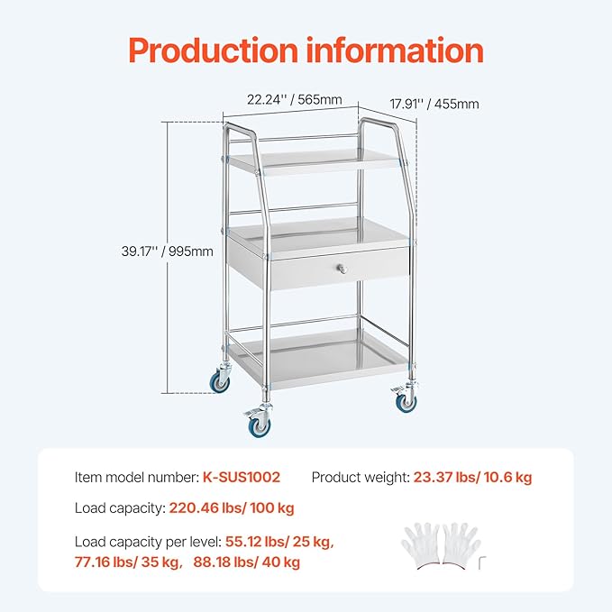 VEVOR Service Cart, 3 Layers Stainless Steel Utility Rolling Cart with Drawer, Lockable Wheels, Ideal for Laboratory, Hospital, Dental Use