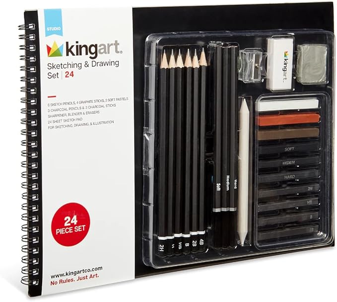 KINGART 24 Pc Sketching & Drawing Art Kit Combo w/Sketchbook, Graphite & Charcoal Pencils, Professional Supplies for All Skill Levels