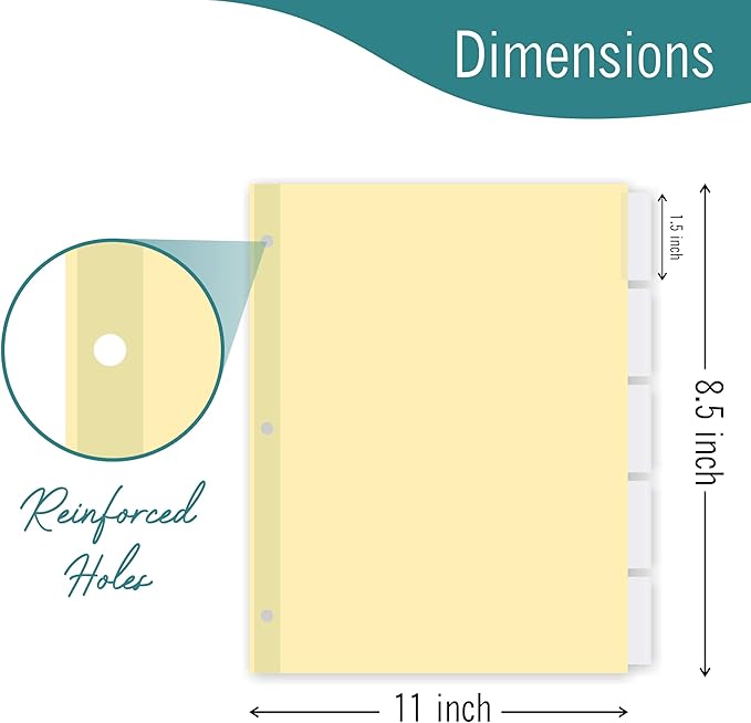 5-Tab Binder Dividers for 3 Ring Binder, Insertable Clear Big Tabs, Bulk Letter Size Paper Divider, 8.5 x 11 inch, 12 Sets (60 Dividers Total)