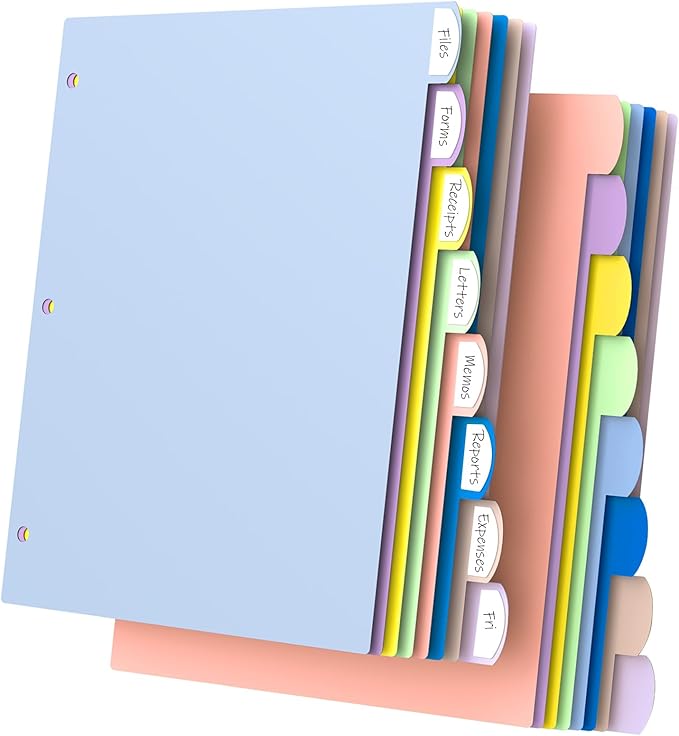 HABGP 16Pcs/2 Set 3 Ring Binder Dividers with Tabs, 8 Color Tab Divders for 3 Ring Binder, Plastic Pastel Page Folder Dividers Sheet Protectors, Three Ring Binder Index Dividers for Notebook