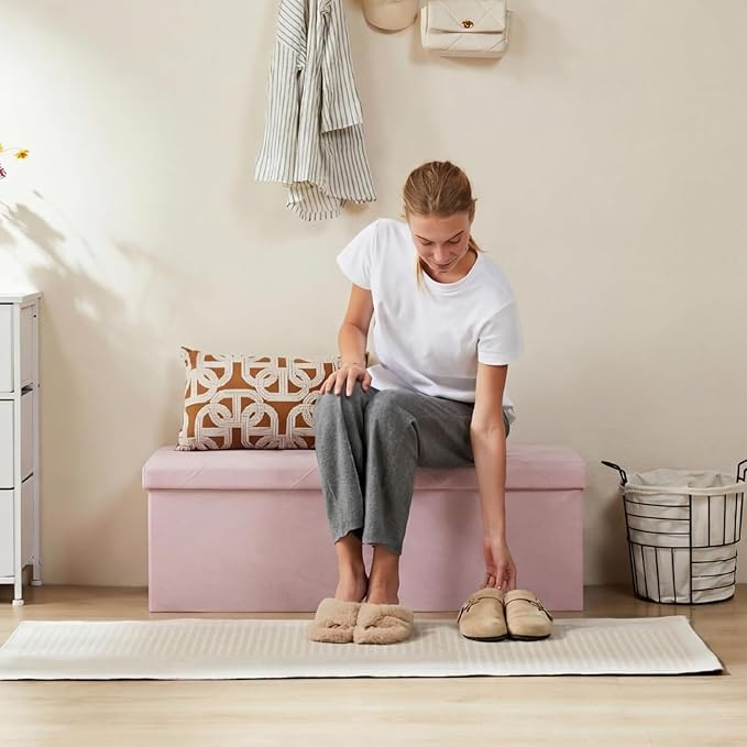 43 Inches Folding Storage Ottoman Bench, Ottoman Foot Rest, Storage Chest, End of Bed Foot Rest Stool with Padded Seat for Living Room, Bedroom, Entryway, Support 660lbs, Linen, Pink