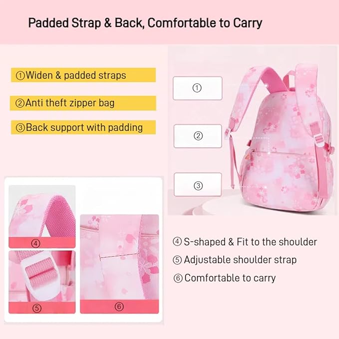 3Pcs Set Backpacks for Girls Teen, Cute Flowers School Bag Girls Bookbags with Lunch Box Pencil Bag, Multi-Pockets Kids Backpack for Elementary & Middle School, Light Blue