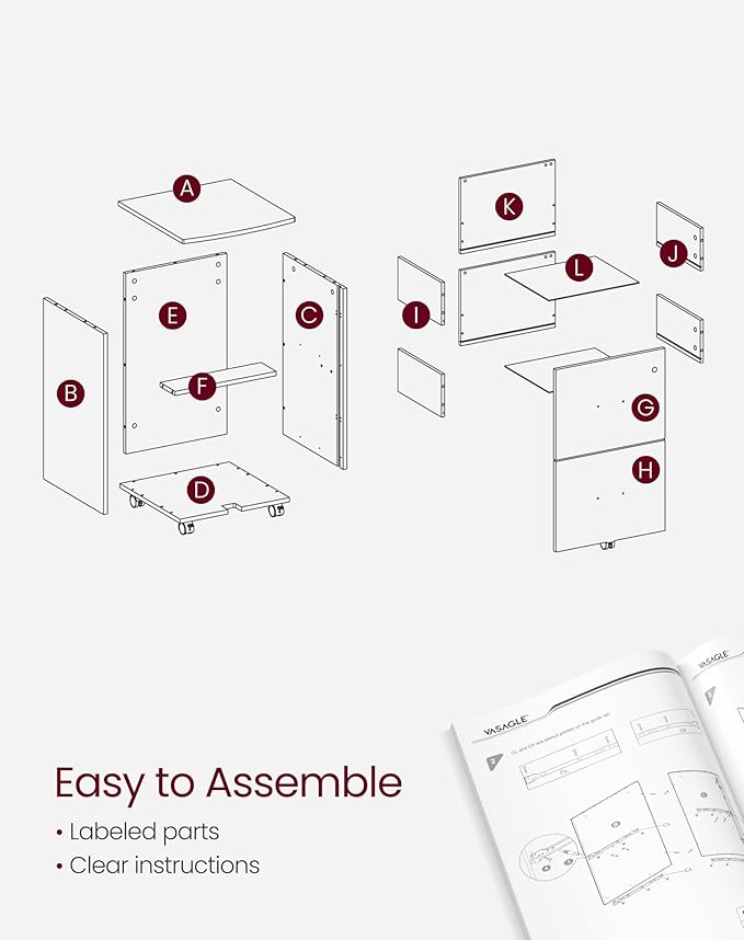 VASAGLE 2-Drawer File Cabinet, Locking Filing Cabinet for Home Office, Small Rolling Printer Stand, A4, Letter-Size Hanging Files, Assembly Required, Snow White ULCD027T46V2