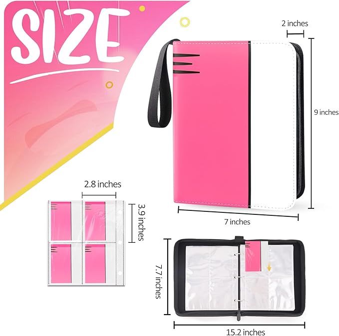 Card Binder 4 Pocket, Collectible Trading Card Albums Fits 400 Cards with 50 Removable Sleeves, Portable Trading Card Binder Collection Album Holder, Game Card Case book With Zipper for Gifts, Pink