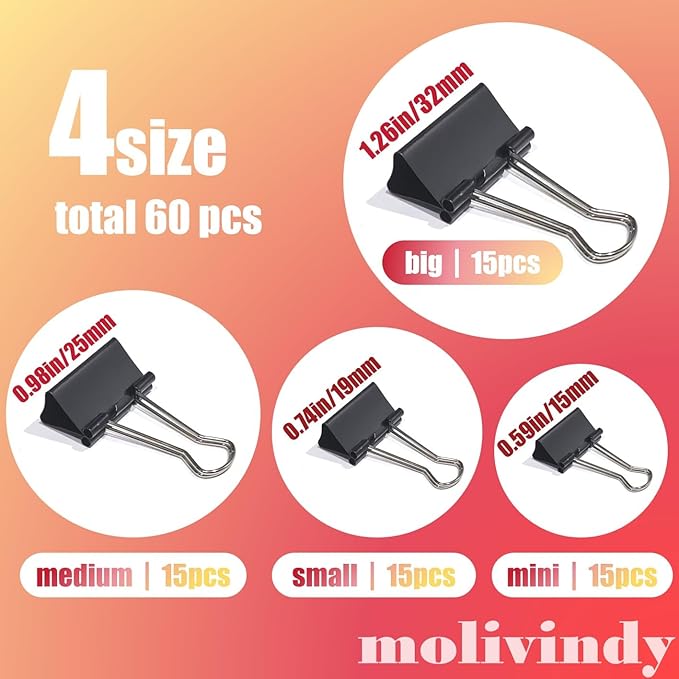 Binder Clips Paper Clamps Assorted Sizes 60 Count (Black), Large, Medium, Small and Micro, 4Sizes in One Pack, Meet Your Different Using Needs