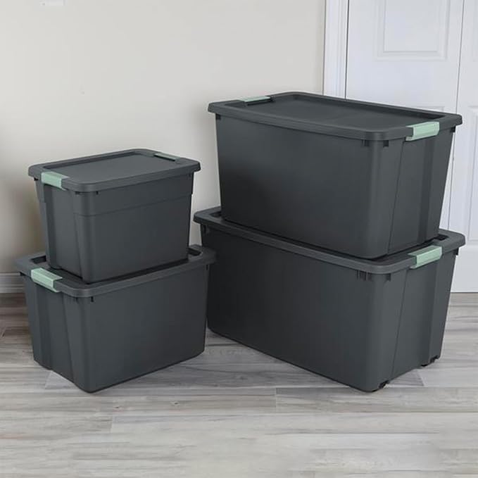 Sterilite 24 Pack Latch Tote, Stackable Plastic Storage Container, 12 Gallon, Gray/Green