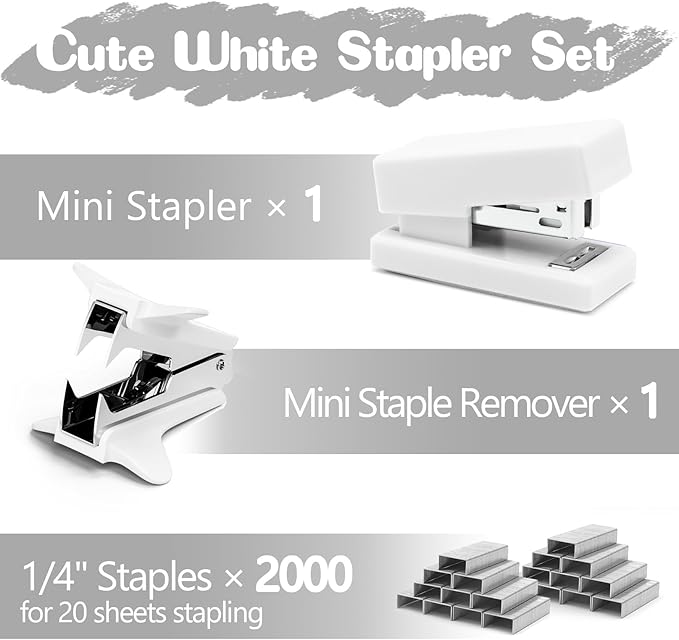 White Mini Stapler with Staples, Portable Office Supplies Set with Small Stapler, Staple Remover and 2,000 Staples, Cute Mini Stapler for Desk, School, Office & Home Desk Essentials