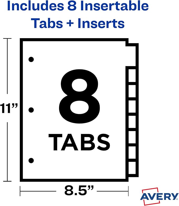 Avery Dividers for 3 Ring Binders, 8-Tab Plastic Binder Dividers, Insertable Big Tabs, Multicolor (24 Sets of 11901)