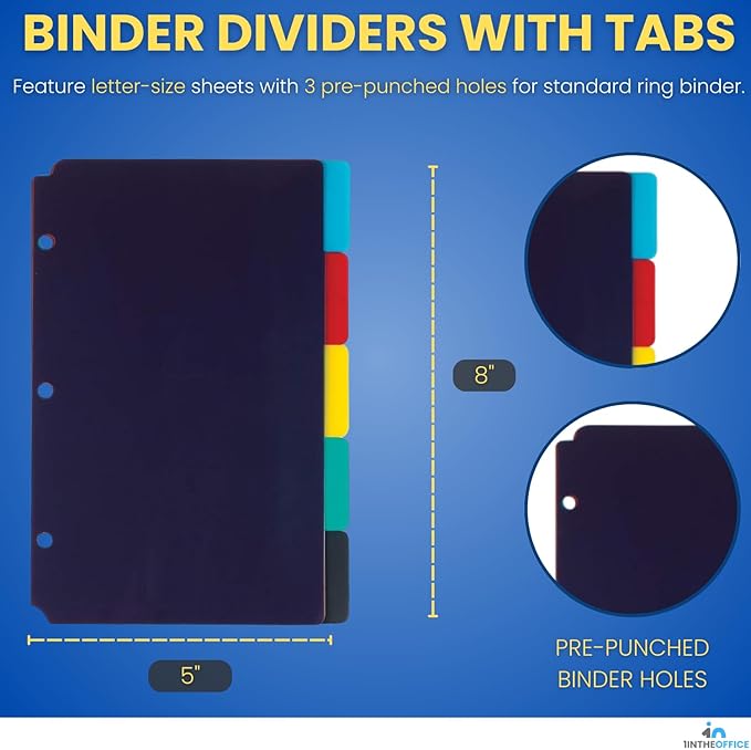1InTheOffice Mini Binder dividers 5x8, 5 tab dividers for 3 Ring Binder Assorted Colors (Set 5 Tabs)