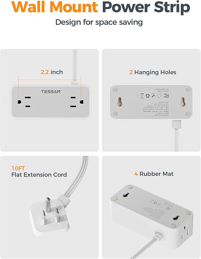 Flat Plug Extension Cord 10 FT, TESSAN Surge Protector Power Strip with 4 AC Outlets 1 USB C and 2 USB A Ports, 900 Joules Protection, Multiple Wall Outlet Extender Suitable for Home Office