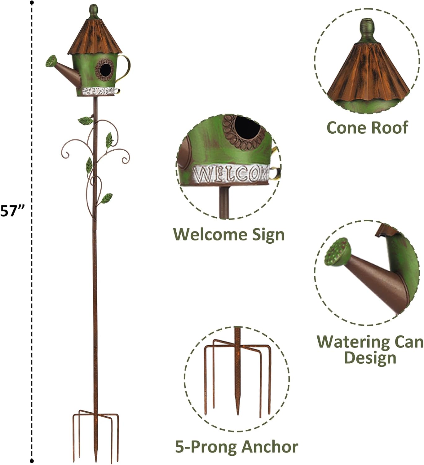 BAYN 57” Bird Houses Stake for Outside, Metal Watering Can Birdhouse Garden Stake Wild Bird Feeder Pole with Welcome Sign Outdoor Decorations for Patio, Backyard, Garden