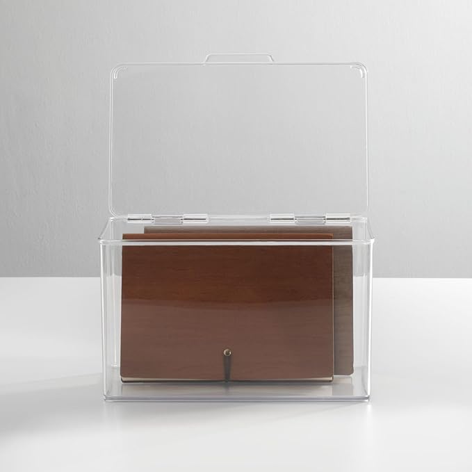 mDesign Small Plastic Home Office Storage Organizer Box Containers with Hinged Lid for Desktops - Holds Pens, Pencils, Sticky Notes, Highlighters, Staples, and Supplies - Lumiere Collection - Clear