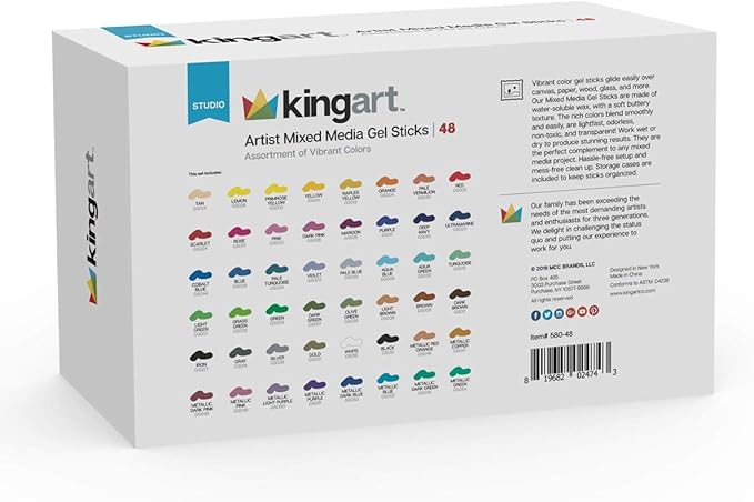 KINGART GEL STICK Set, Artist Pigment Crayons, 48 Unique Colors, Water Soluble, Creamy, and Odorless, Use on Paper, Wood, Canvas and more