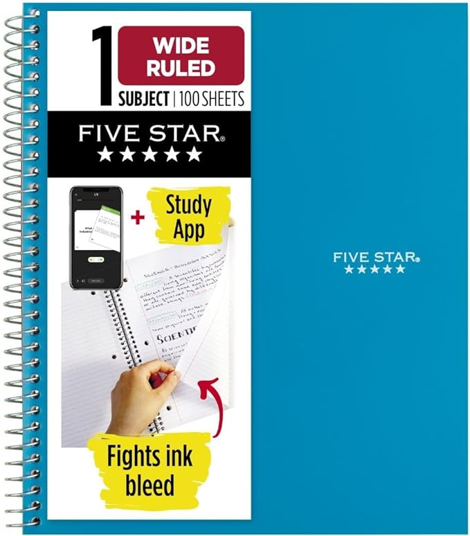 Five Star Spiral Notebook + Study App,1 Subject,Wide Ruled Paper,8" x 10-1/2",100 Sheets,Fights Ink Bleed,Water Resistant Cover,Tidewater Blue (72875),(Pack of 6)