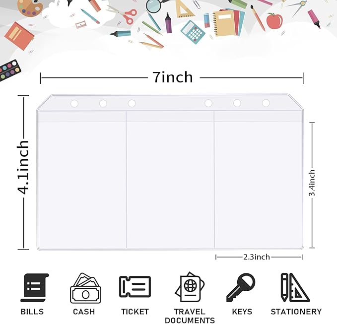 30pcs Trisection A6 Binder Pocket no Zipper Clear Budget Planner Inserts Bulk Binder Organizer Cash Envelopes for Budgeting Waterproof PVC Loose Leaf Bags Card Sleeves for 6 Ring Notebook