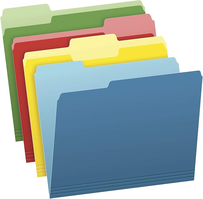Pendaflex Colored File Folders, 36 Pack, Letter Size (8.5" x 11"), 3 Tabs, Durable Paper, Assorted Colors: Green, Yellow, Red & Blue, Color-Coding for School, Office & Home Document Organization