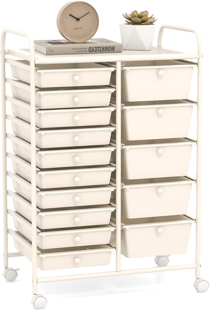 COSTWAY 15 Drawer Rolling Storage Cart, Mobile Utility Cart with Lockable Wheels, Drawers, Multipurpose Organizer Cart for Home, Office, School, White