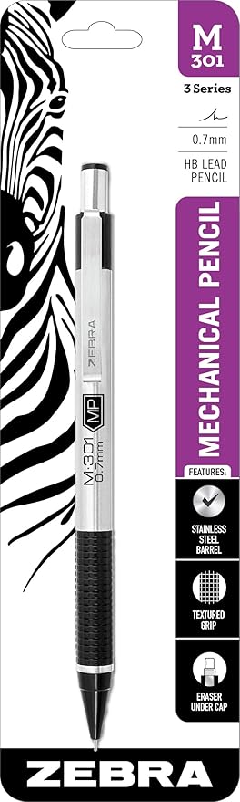 Zebra Pen M-301 Mechanical Pencil, Stainless Steel Barrel, Medium Point, 0.7mm, Black Grip (Pack of 1)