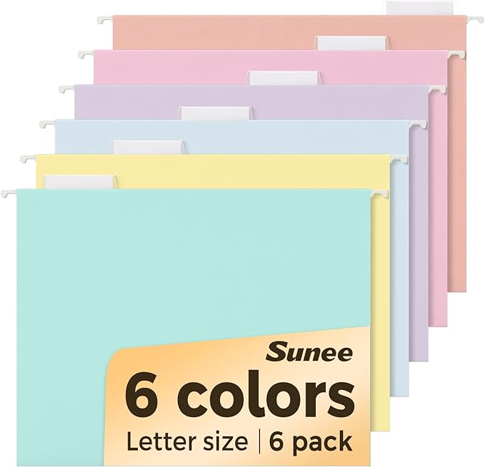 SUNEE 6 Pack Hanging File Folders,Hanging File Folders Letter Size with 1/5-cut Tabs, Assorted Macaron Colors Folders,Stay Organized for Your Home and Office Bulk File and Documents