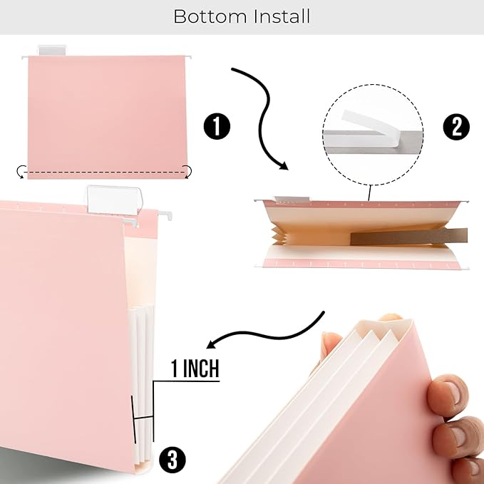 Y YOMA Letter Size - 6 Pack Extra Capacity Hanging File Folders Accordion Decorative Reinforced File Folder Cute Colored Expandable Folder for Office Home with 1/5-Cut Adjustable Tabs, Cute Pink