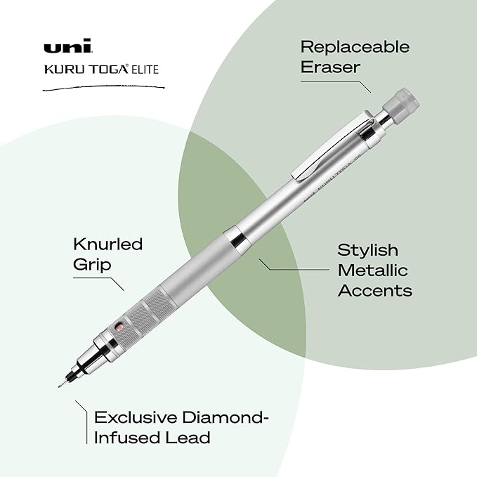 uniball Kuru Toga Elite Mechanical Pencil Starter Kit, 0.5mm, HB #2, Silver Barrel, 1 Pack