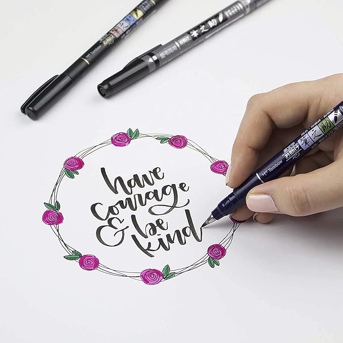 Tombow 62039 Fudenosuke Brush Pens, 3-Pack. Soft, Hard, and Twin Tip Markers for Calligraphy and Art Drawings