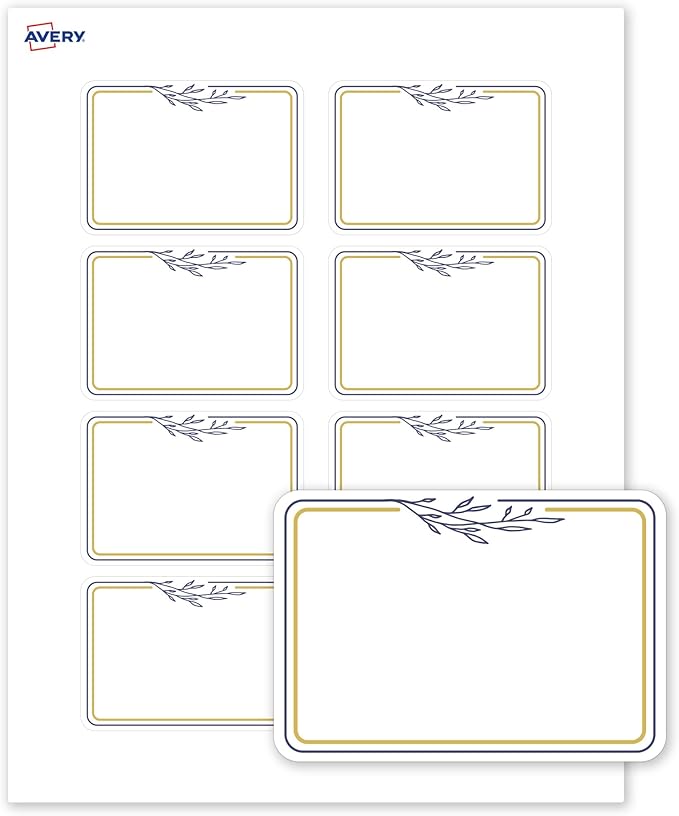 Avery Printable Adhesive Name Tags, 2-1/3" x 3-3/8", Matte White with Gold & Navy Border, Removable, Laser & Inkjet Compatible, 80 Total, Great Name Badges for Weddings & Events