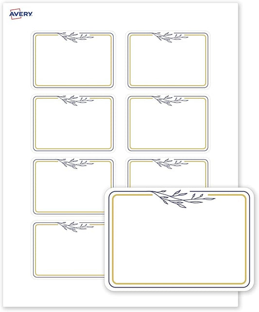 Avery Printable Adhesive Name Tags, 2-1/3" x 3-3/8", Matte White with Gold & Navy Border, Removable, Laser & Inkjet Compatible, 80 Total, Great Name Badges for Weddings & Events