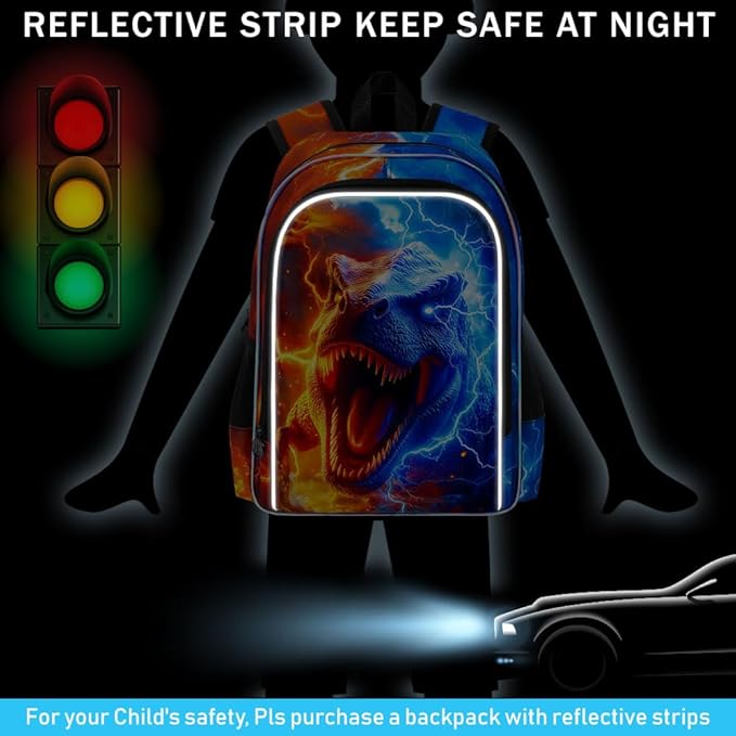 gxtvo 3PCS Dinosaur Bookbag for Boys, 17" Kids Backpack with Lunch Box, Water Resistant Middle Elementary School Bag - Fire & Lightning T. rex