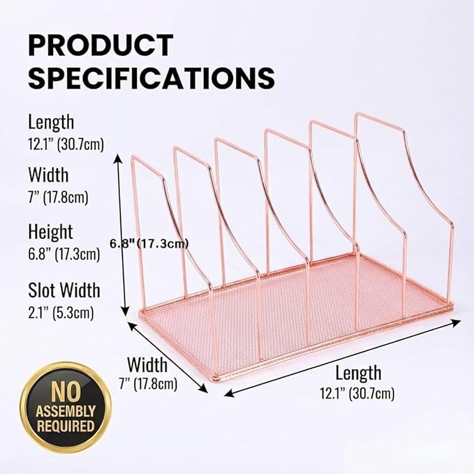 Simmer Stone Rose Gold Binder Organizer for Desk, 5 Slot Metal Wire Vertical File Sorter with Mesh Bottom, Desktop Magazine Holder Rack for 2 Inch Binders, Medical Coding Books, Vinyl Records, 12.1"