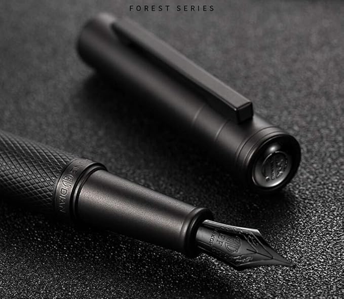 Matte Black Forest Fountain Pen Extra Fine Nib Classic Design with Converter and Metal Pen Box Set by Asvine