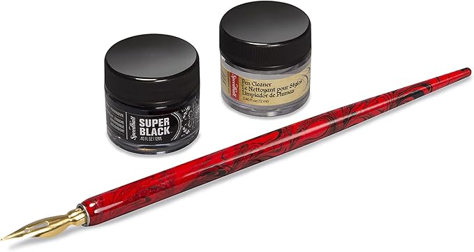 Speedball Signature Series Super Black India Ink & Pen Set, Includes Red Marbled Pen Holder, Gold-Plated No. 513EF Pen Nib, .4 fl oz Super Black India Ink, .4 fl oz Pen Cleaner