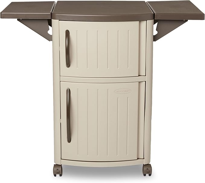 Suncast Serving Station Patio Cabinet, Portable Grill Prep Table, Light Taupe & Mocha - Includes Side Shelves, Storage Cabinets, Server Tray and Wheels for Outdoor BBQ Grilling and Backyard Dining