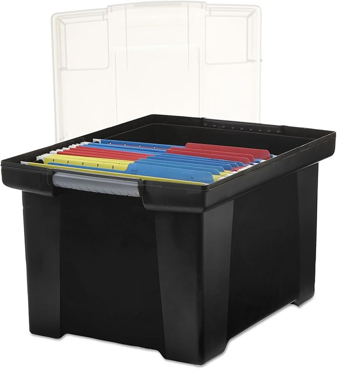 Storex Plastic File Tote Storage Box with Snap-On Lid, Letter/Legal Size, Black/Silver (61528U01C)