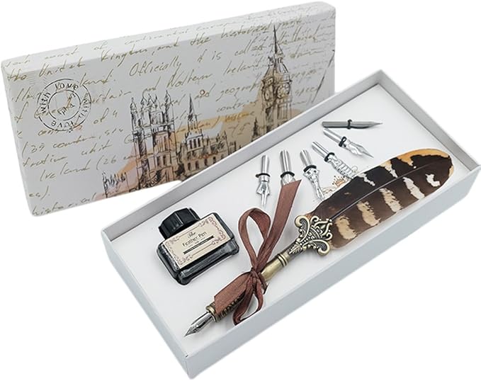 hhhouu Feather Pen and Ink Set, Quill Pen Set Antique Dip Pen with Ink and 6 Replacement Nibs 6pcs Nibs Calligraphy Pens for Beginners HO-Q-300