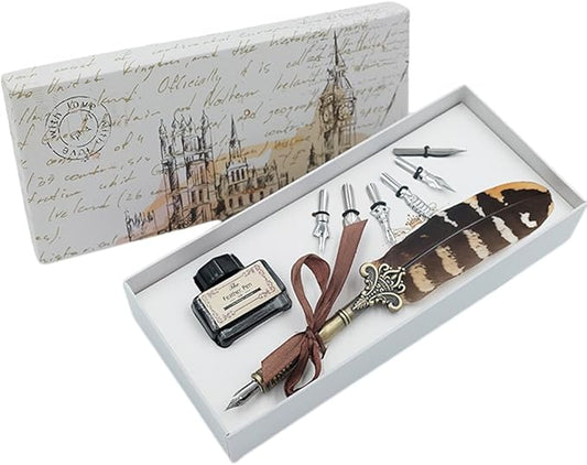 hhhouu Feather Pen and Ink Set, Quill Pen Set Antique Dip Pen with Ink and 6 Replacement Nibs 6pcs Nibs Calligraphy Pens for Beginners HO-Q-300